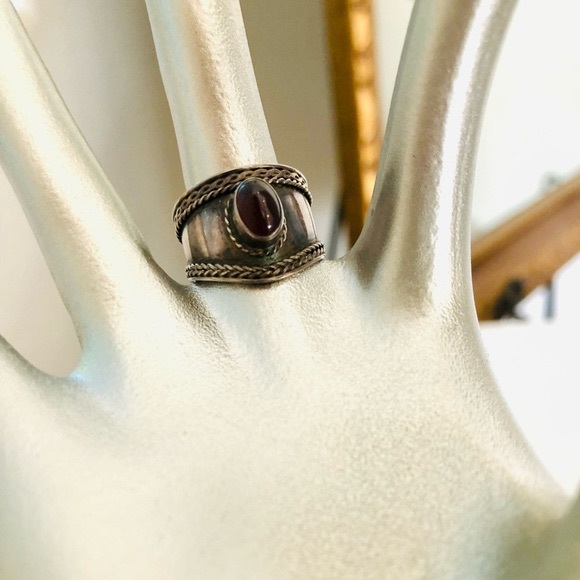 Antique Vintage Silver Red Stone Wide Ring - Picture 1 of 9